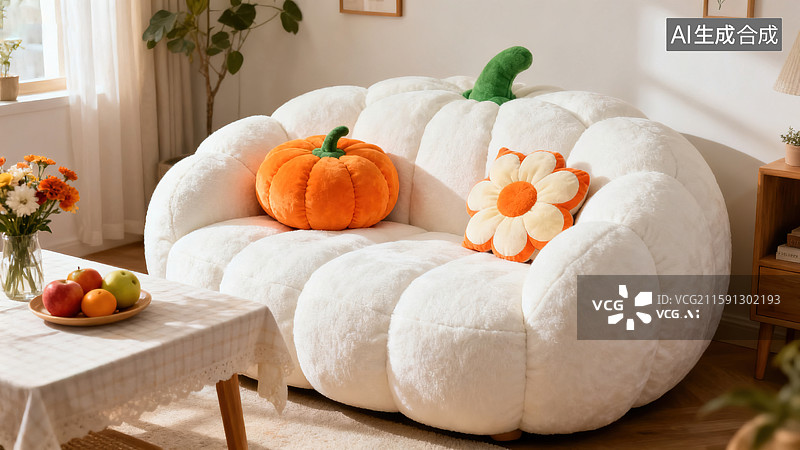 【AI数字艺术】温馨客厅里的南瓜造型毛绒沙发图片素材