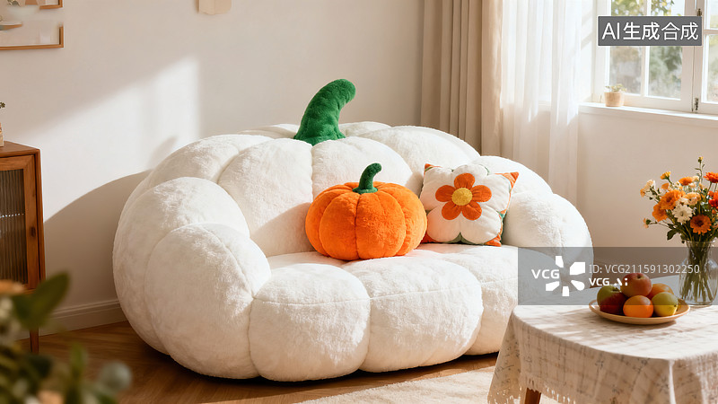 【AI数字艺术】温馨客厅里的南瓜造型毛绒沙发图片素材