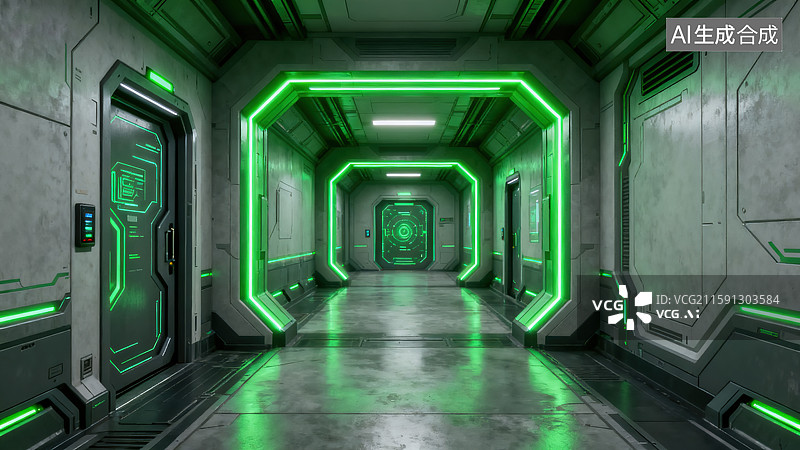 【AI数字艺术】科幻风格的绿色光效太空走廊图片素材