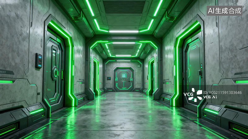 【AI数字艺术】科幻风格的绿色光效太空走廊图片素材