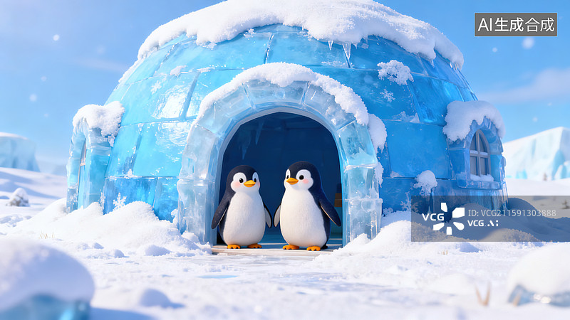 【AI数字艺术】卡通风格的冰雪极地企鹅与冰屋图片素材