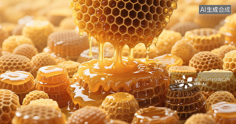 【AI数字艺术】六边形蜂巢蜂窝蜂蜜糖浆蜜糖流动液体背景壁纸图片素材