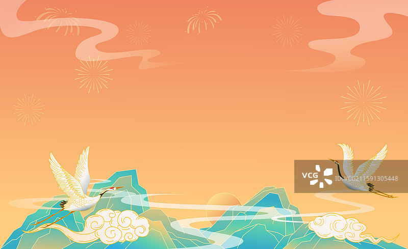 国风国潮青山祥云白鹤背景插画海报图片素材