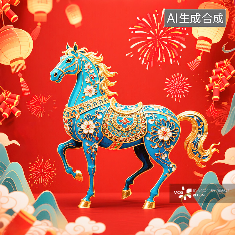 【AI数字艺术】马年大吉2026马年新年春节吉祥物装饰画新国风景泰蓝掐丝珐琅金箔大漆画风格艺术工艺品创意红色背景图片素材