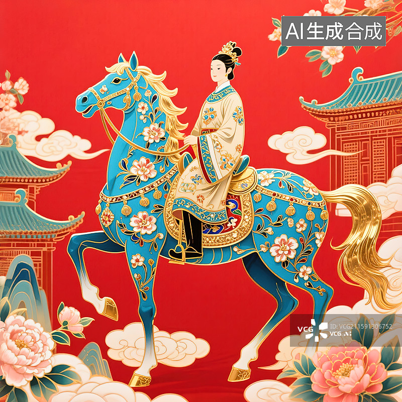 【AI数字艺术】鲜衣怒马2026马年新年春节吉祥物装饰画新国风景泰蓝掐丝珐琅金箔大漆画风格艺术工艺品创意红色背景图片素材