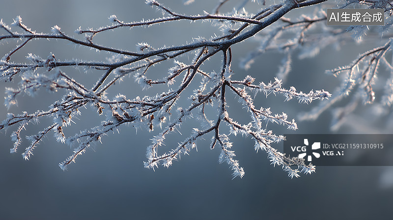 【AI数字艺术】冰晶附着的树枝景象图片素材