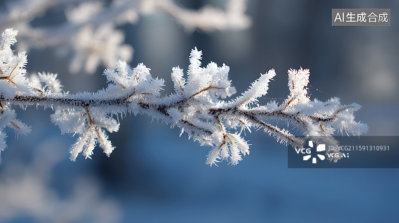 【AI数字艺术】冰晶附着的树枝景象图片素材