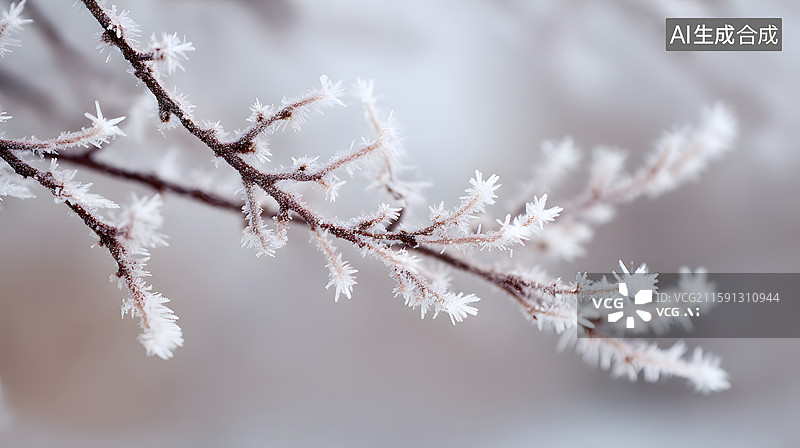 【AI数字艺术】冰晶附着的树枝景象图片素材