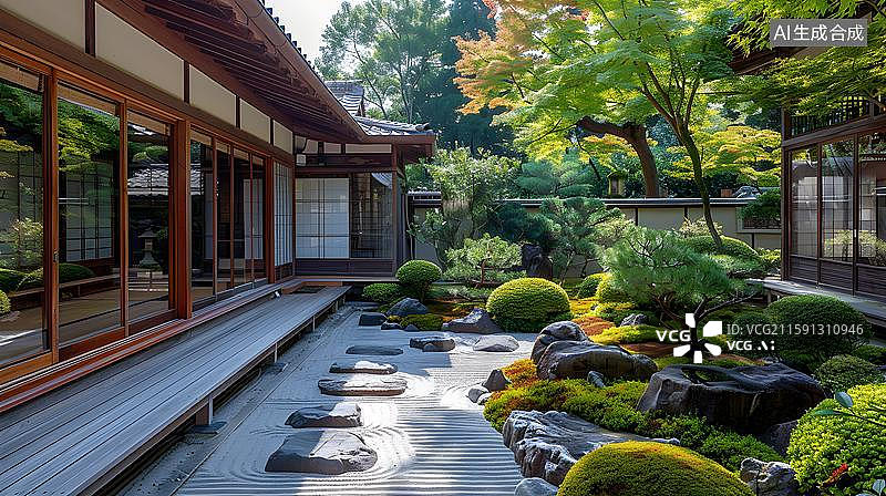 【AI数字艺术】日式禅意庭院建筑  日式禅意私家花园枯山水  禅意庭院的宁静之美 现代庭院景观设计图片素材