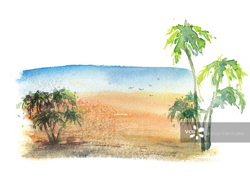 水彩沙滩海湾椰子树插手绘画图片素材