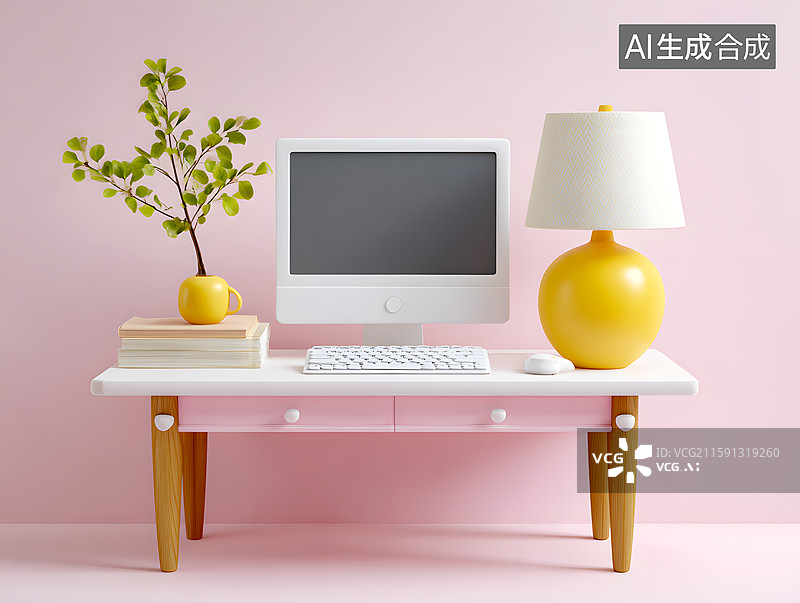 【AI数字艺术】卡通电脑桌上放着一台电脑图片素材