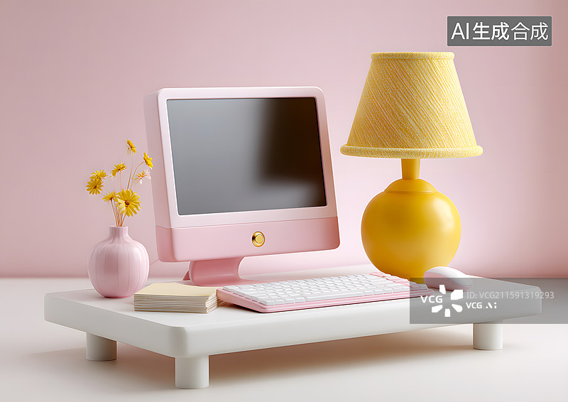 【AI数字艺术】卡通电脑桌上放着一台电脑图片素材