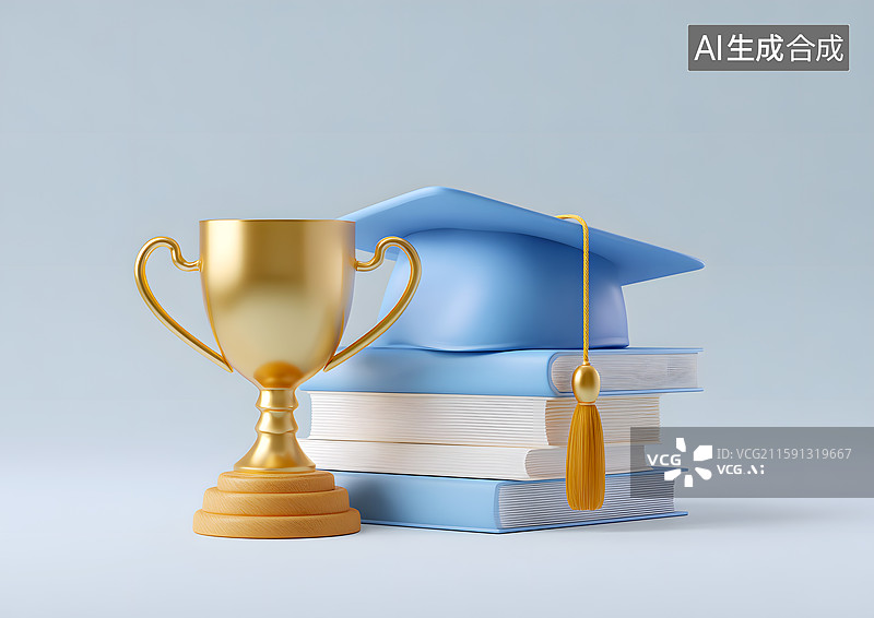 【AI数字艺术】学士帽书籍和奖杯图片素材