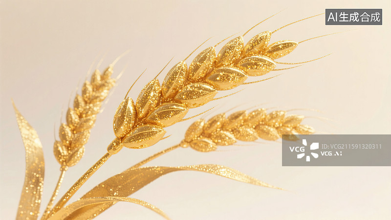 【AI数字艺术】金黄色小麦麦穗颗粒饱满秋天收获 黄金质感金属光泽3D三维立体创意插画 清新华丽富足大丰收简洁高雅图片素材
