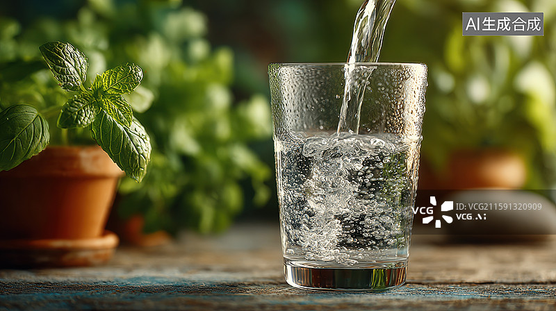 【AI数字艺术】清水倒入玻璃杯，背景绿植点缀图片素材