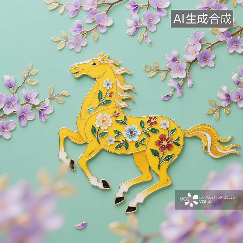 【AI数字艺术】马踏春风掐丝珐琅风格插画图片素材