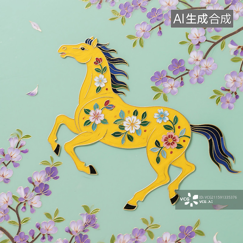 【AI数字艺术】马踏春风掐丝珐琅风格插画图片素材