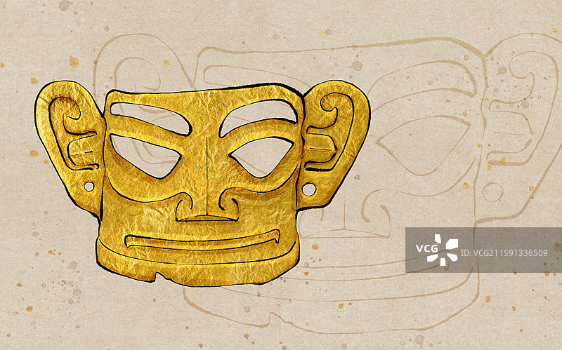 三星堆遗址文物 黄金面具水墨插画图片素材