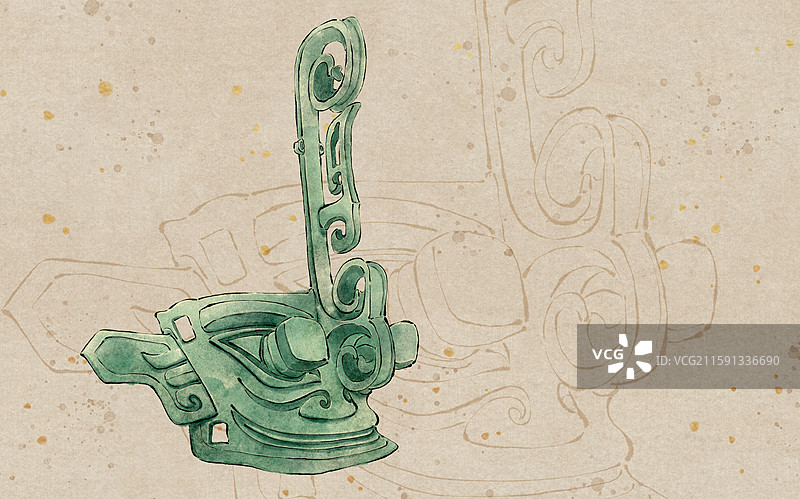 三星堆遗址文物 青铜戴冠纵目面具水墨插画图片素材