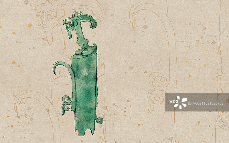 三星堆遗址文物 青铜龙柱形器水墨插画图片素材