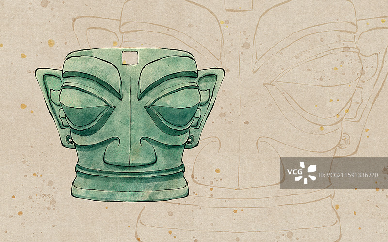 三星堆遗址文物 青铜面具水墨插画图片素材