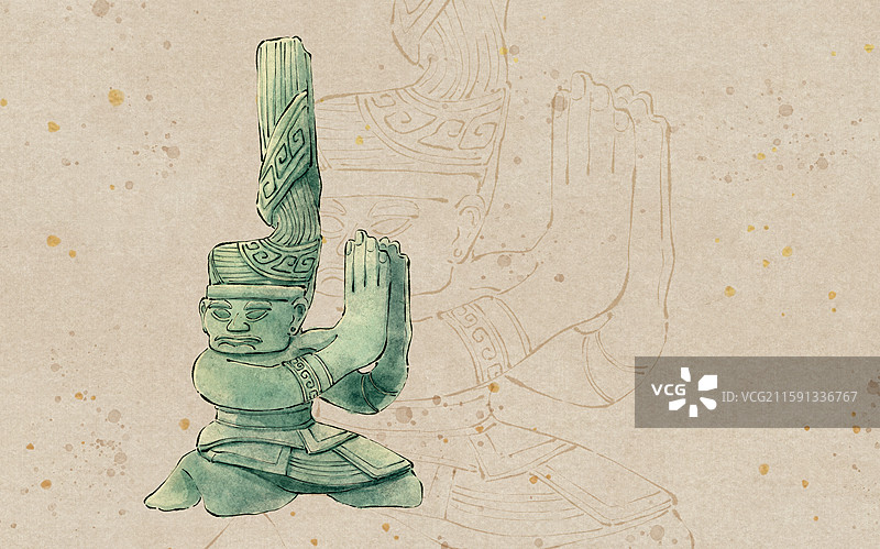 三星堆遗址文物 青铜扭头跪坐人像水墨插画图片素材