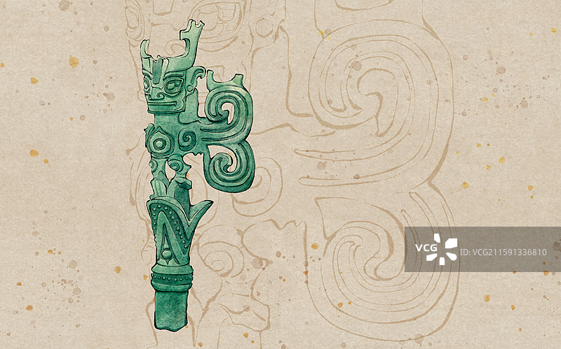 三星堆遗址文物 青铜人首鸟身像水墨插画图片素材