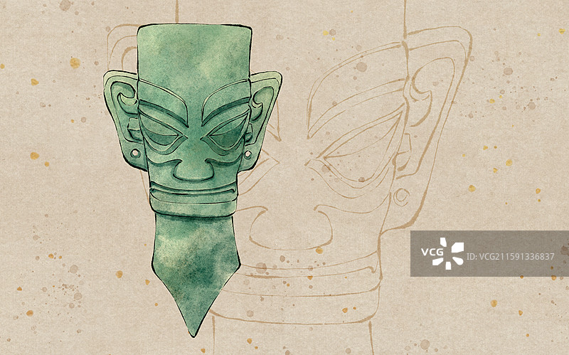 三星堆遗址文物 青铜人头像水墨插画图片素材