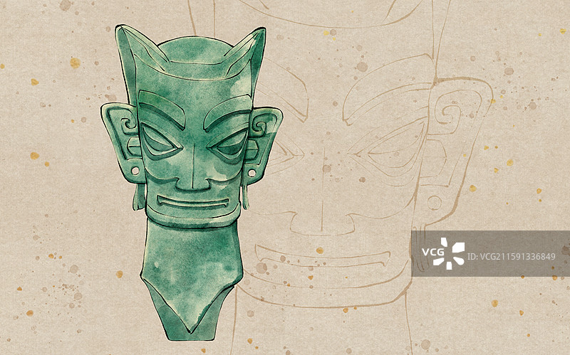 三星堆遗址文物 青铜人头像水墨插画图片素材