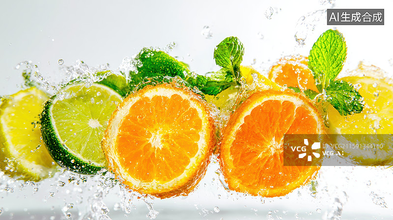 【AI数字艺术】新鲜水果与水花碰撞瞬间图片素材