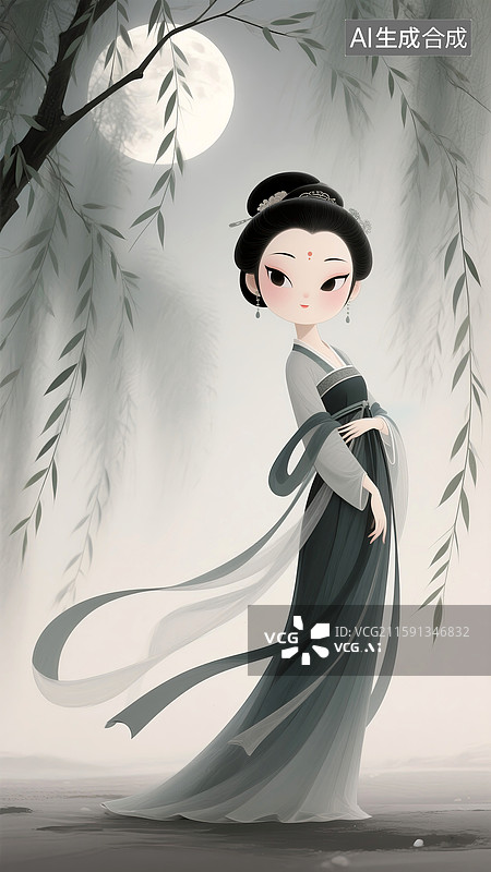 【AI数字艺术】Q版古典美人依靠在柳树边手绘插画图片素材