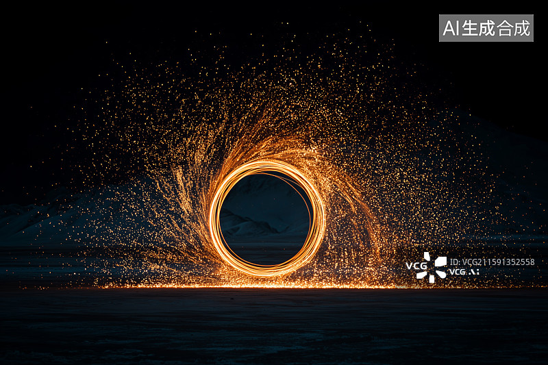 【AI数字艺术】钢丝绒旋转形成的环形火花图片素材
