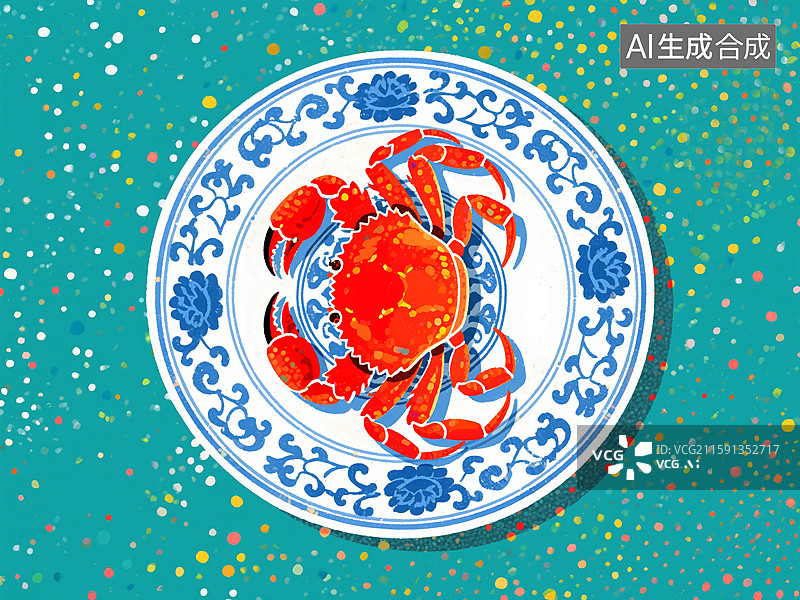 【AI数字艺术】秋天肥美大闸蟹螃蟹装在青花瓷盘中点彩装饰画图片素材