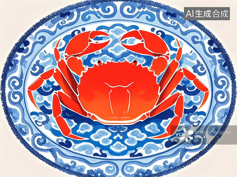 【AI数字艺术】秋天肥美大闸蟹螃蟹装在青花瓷盘中点彩装饰画图片素材