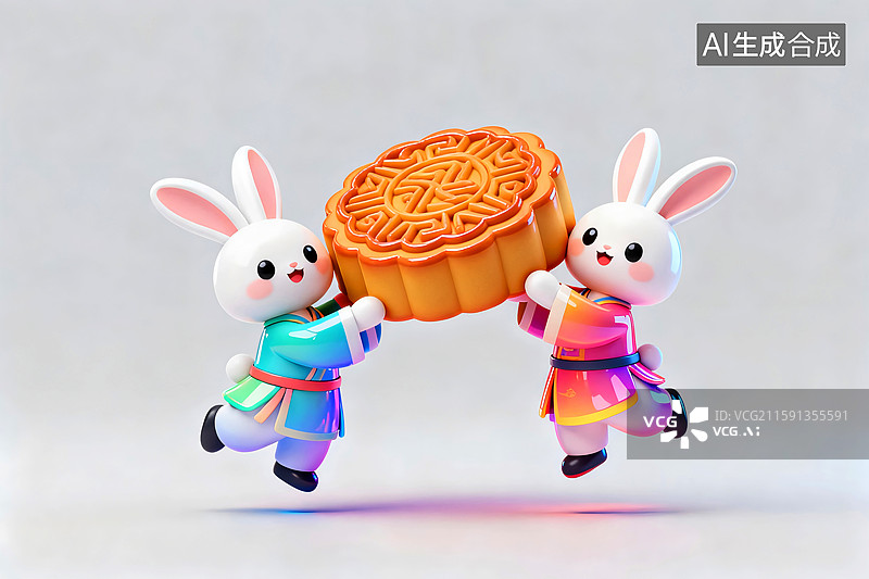 【AI数字艺术】两只可爱的白兔穿着色彩鲜艳的唐装抬着一块大月饼开心的走来图片素材
