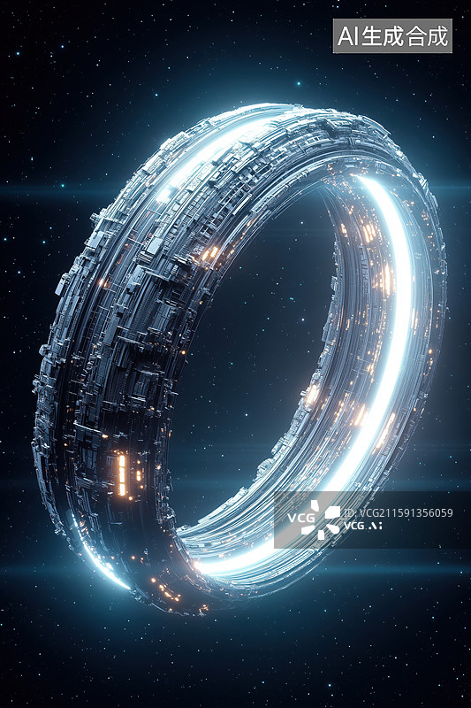 【AI数字艺术】科技科幻悬浮于黑色宇宙的环形太空城3D卡通立体插画图片素材