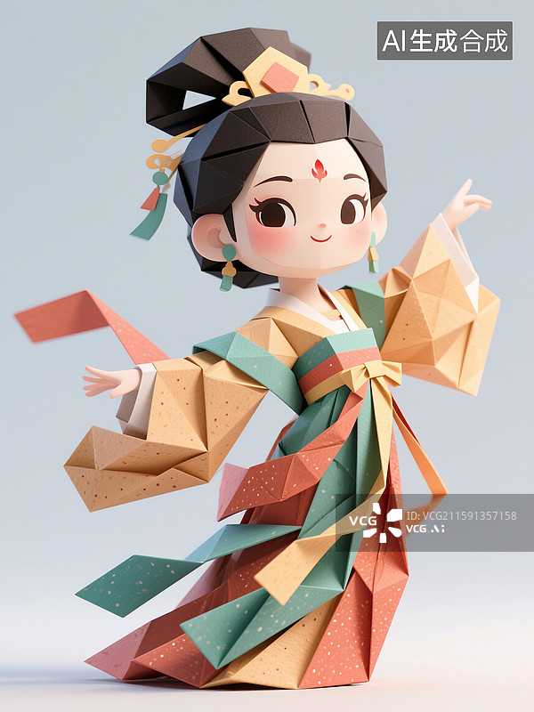 【AI数字艺术】Q版唐装少女折纸艺术图片素材
