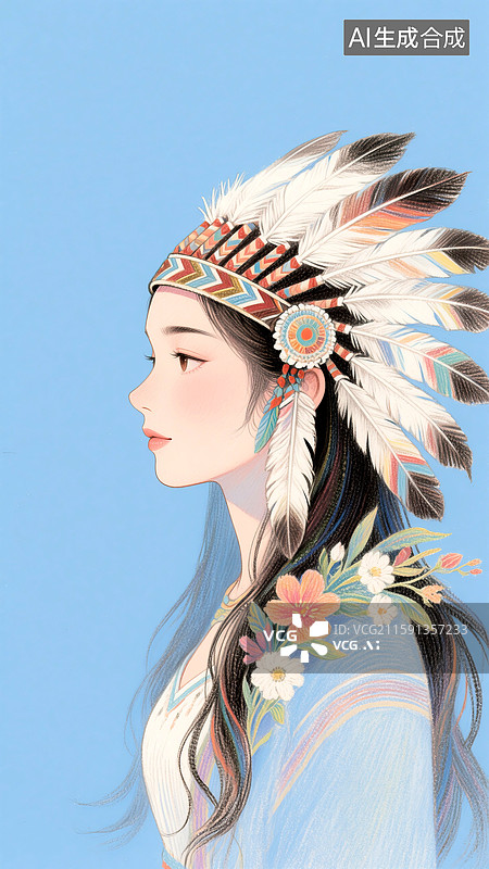 【AI数字艺术】头戴印第安羽毛头饰的美女彩色铅笔素描画图片素材