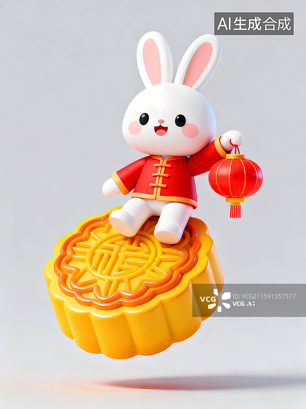 【AI数字艺术】两只可爱的白兔穿着色彩鲜艳的唐装坐在一块大月饼上提着灯笼图片素材