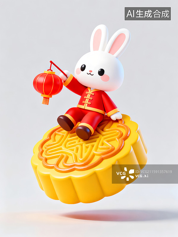 【AI数字艺术】两只可爱的白兔穿着色彩鲜艳的唐装坐在一块大月饼上提着灯笼图片素材
