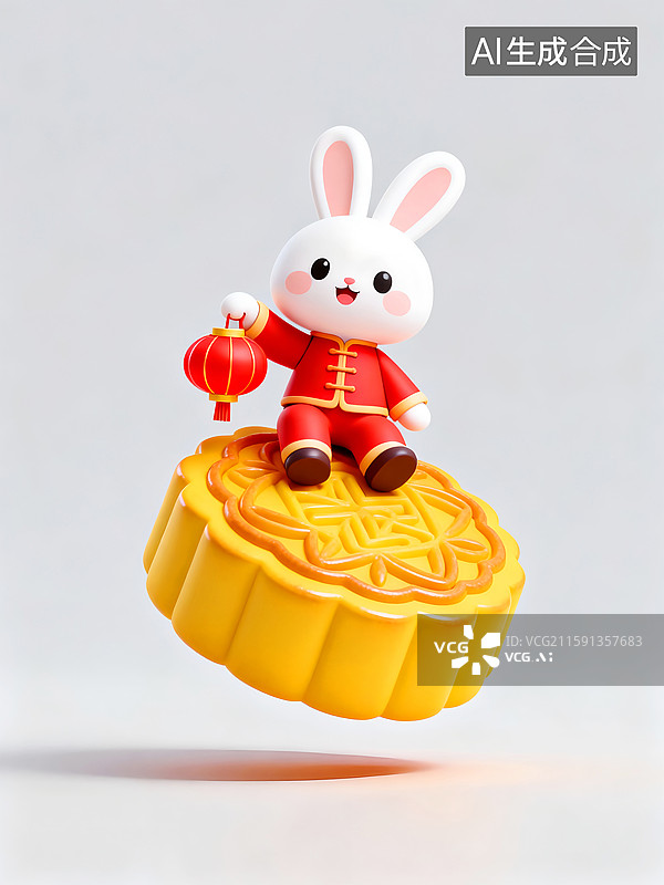 【AI数字艺术】两只可爱的白兔穿着色彩鲜艳的唐装坐在一块大月饼上提着灯笼图片素材