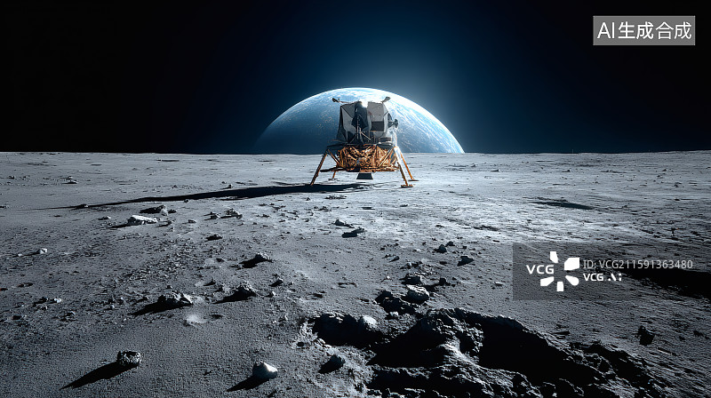 【AI数字艺术】太空视角，远处的地球，太空探索车在月球表面图片素材