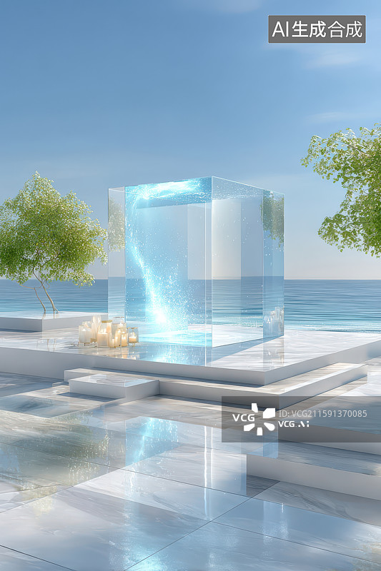 【AI数字艺术】海边透明发光立方体梦幻景观图片素材