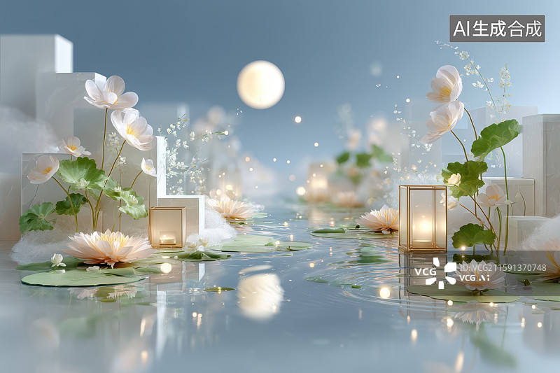 【AI数字艺术】水中莲花灯笼月光梦幻景致图片素材