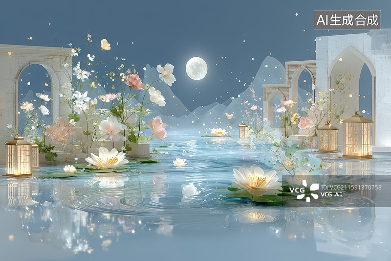 【AI数字艺术】水中莲花灯笼月光梦幻景致图片素材