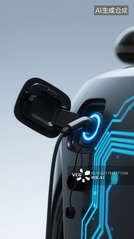 【AI数字艺术】现代电动汽车充电站新能源车的充电接口和充电枪特写图片素材