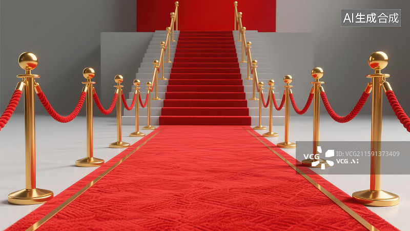 【AI数字艺术】左右两侧由红色绳子和金色金属立柱形成的围栏绳栏和中间铺地的红色地毯图片素材