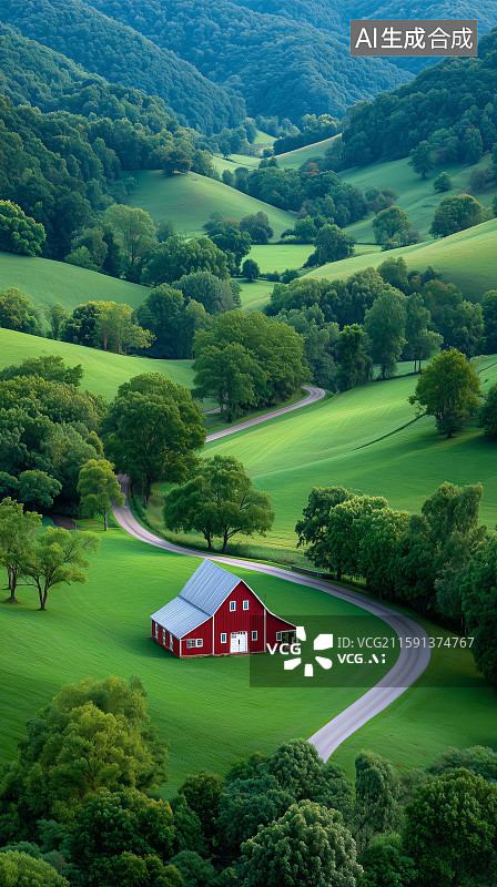 【AI数字艺术】绿野红屋乡村静谧风光图片素材