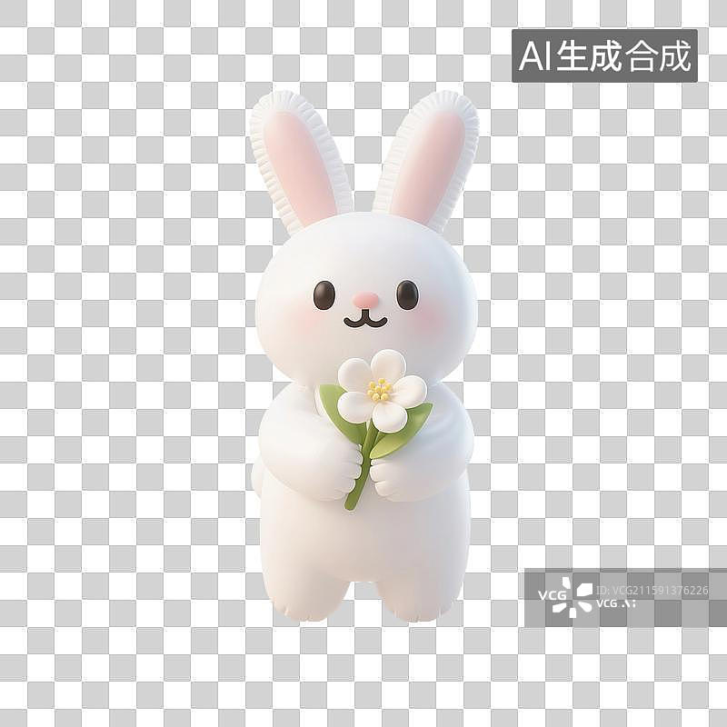 【AI数字艺术】3D渲染卡通动物，充气膨胀风格，可爱卡通小兔子，白兔拿着桂花，玉兔，中秋节，八月十五免抠素材图片素材