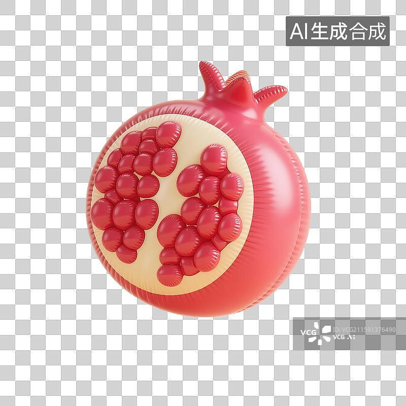 【AI数字艺术】3D渲染卡通水果，充气膨胀风格，红色石榴，秋天水果免抠元素图片素材